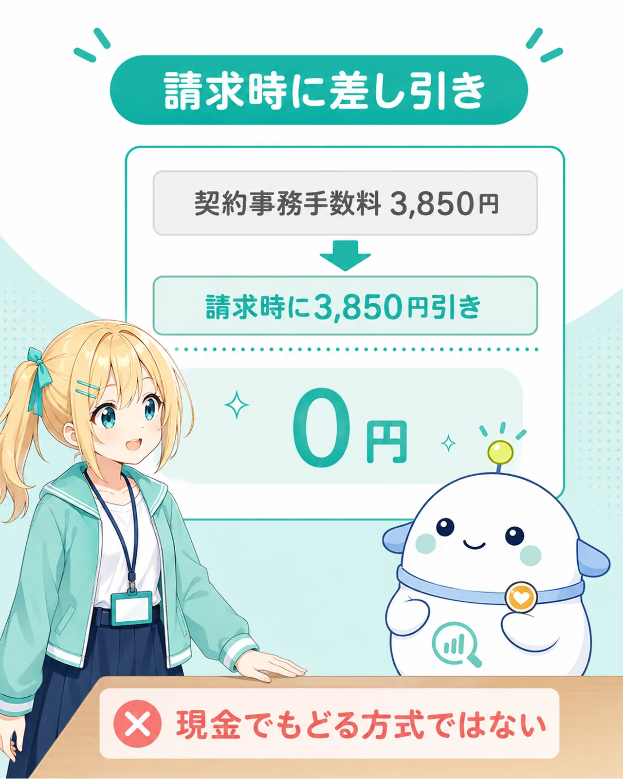契約事務手数料3,850円が請求時に差し引かれて0円になり、現金還元ではないと示す図解