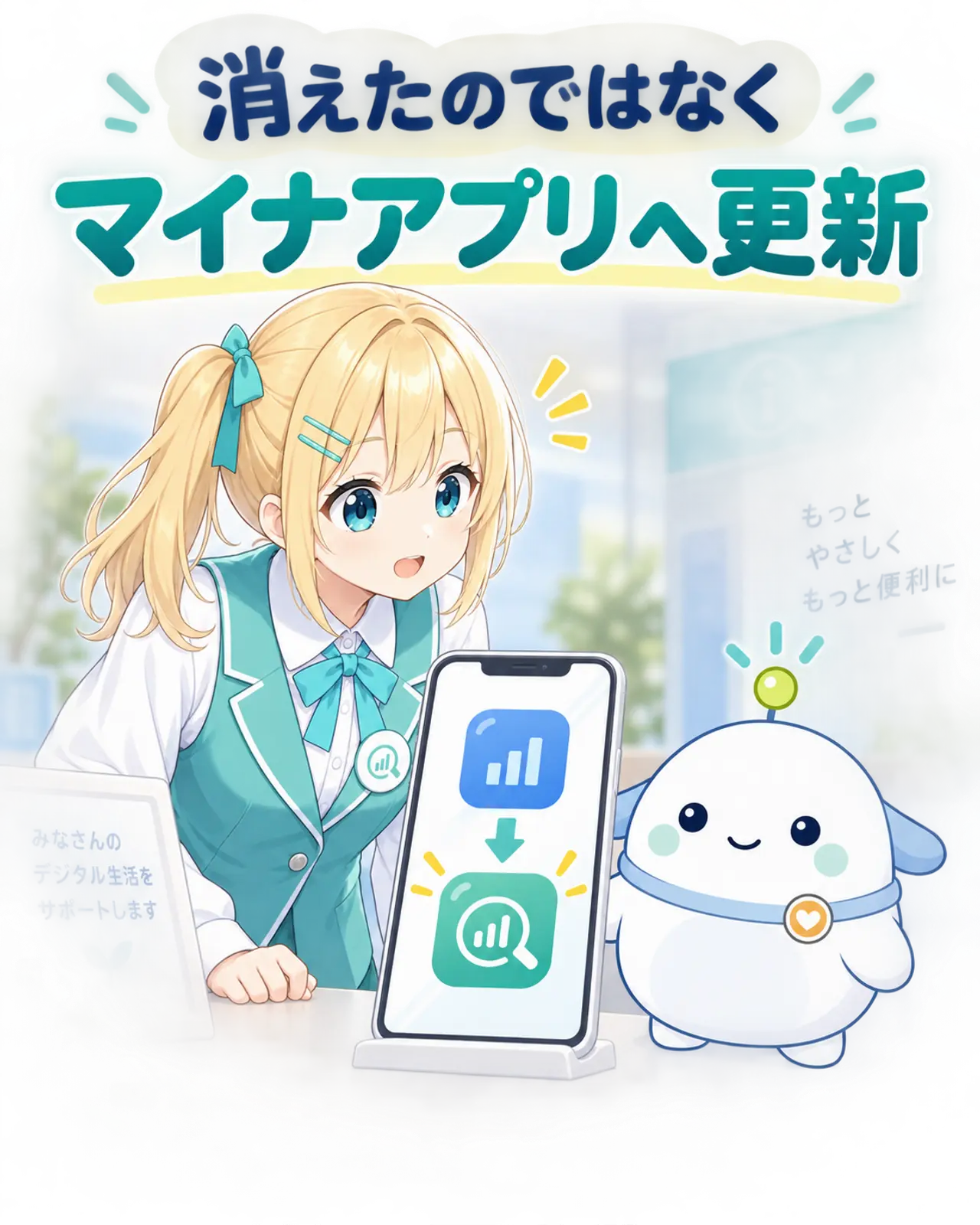 消えたのではなくマイナアプリへ更新されたことを、更新前後のスマートフォン画面とひまり、らぼまるで示す図解
