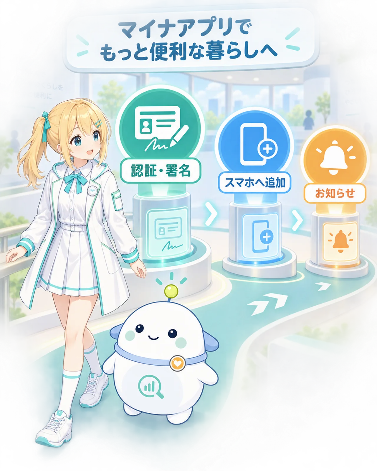 マイナアプリの主な機能を、認証と署名、スマートフォンへの追加、お知らせの3つで示す図解