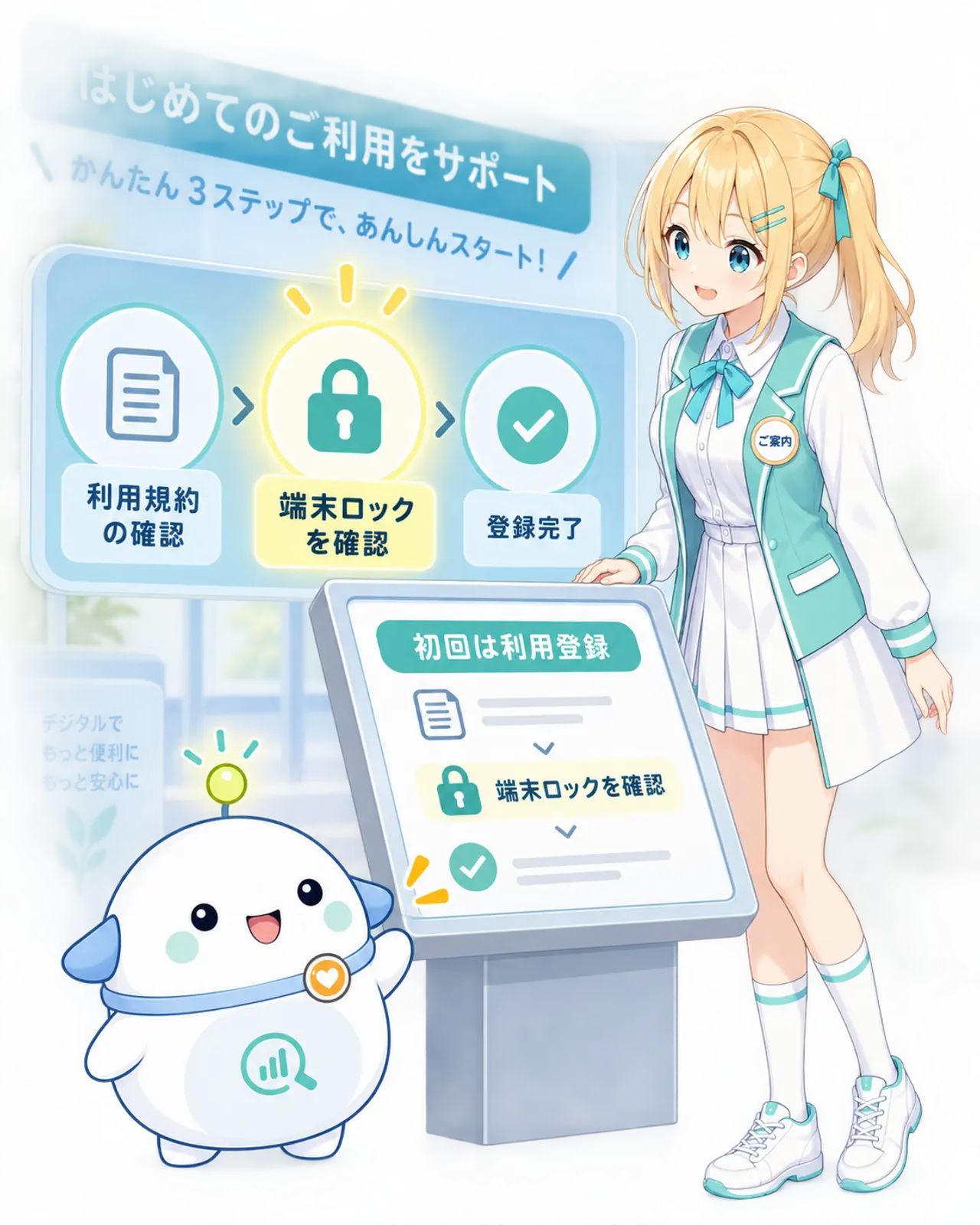 利用規約、端末ロック、登録完了の3段階を案内台で確認するひまりとらぼまるの図解