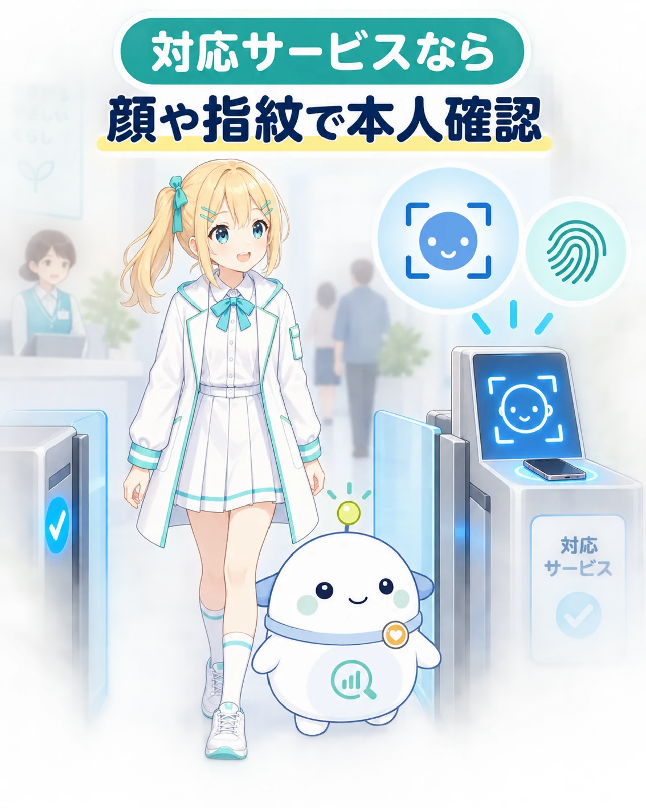 対応サービスの本人確認ゲートで、顔や指紋による生体認証を示す図解