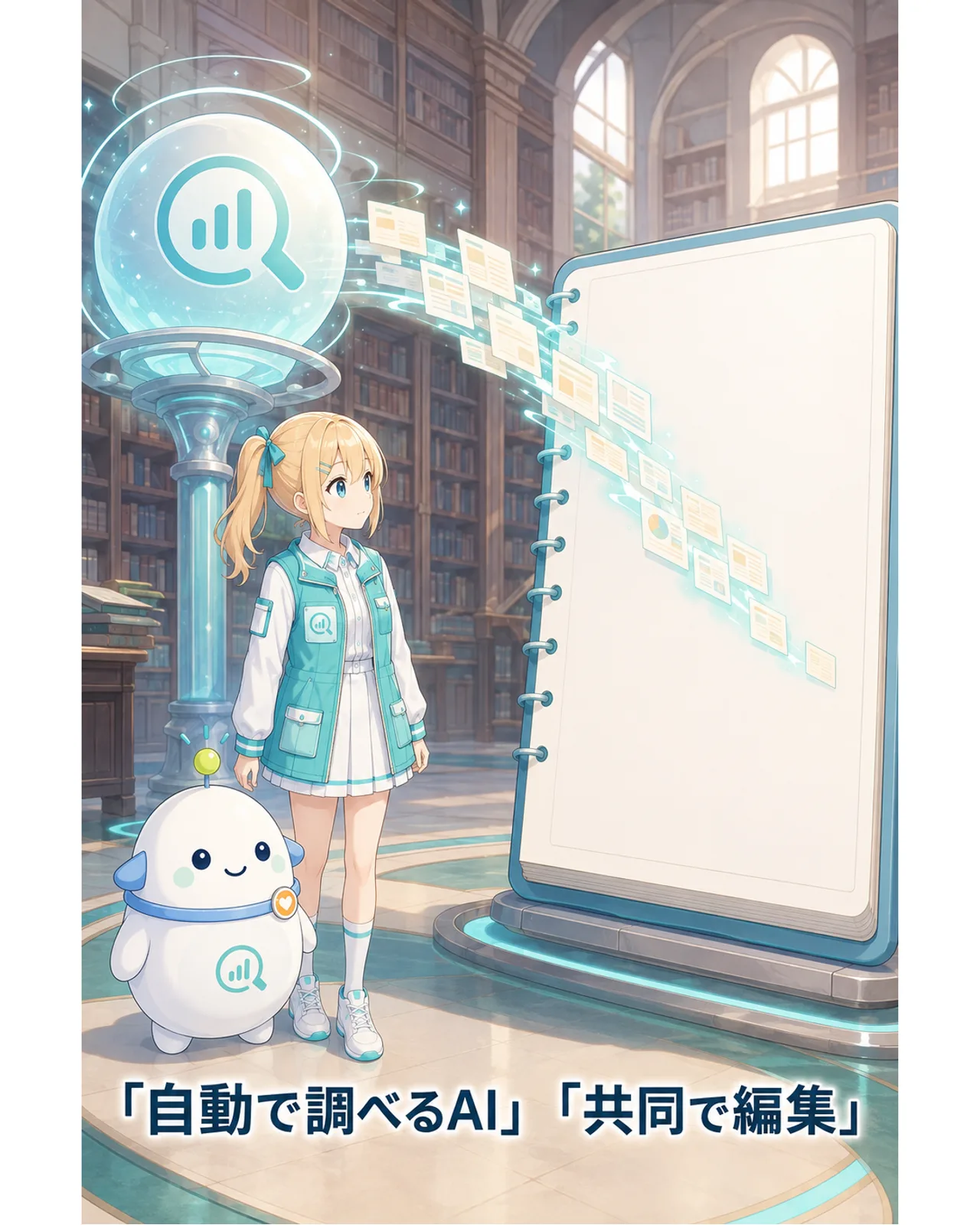自動で調べるAIと共同で編集できるWikiがつながる仕組みを、ひまりとらぼまるが確認する図