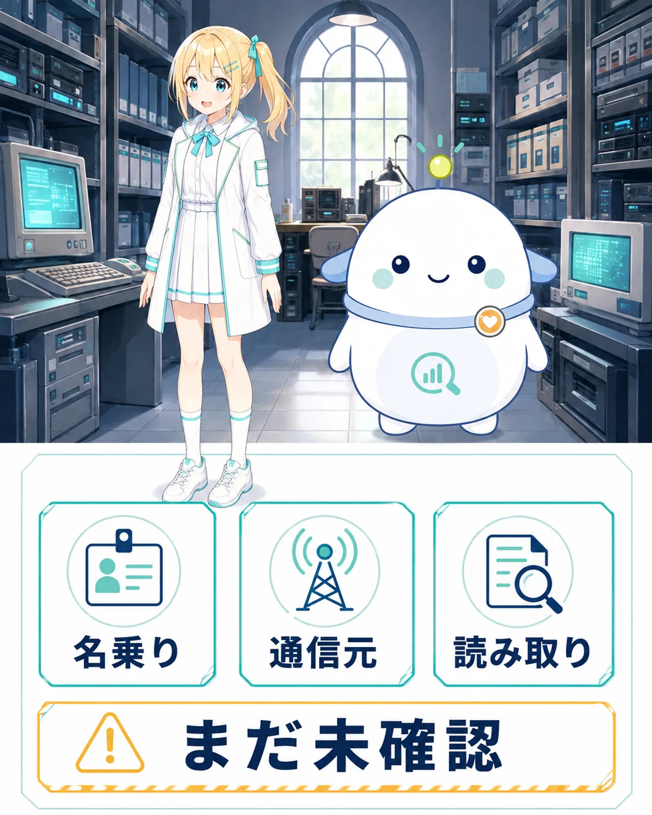 名乗り、通信元、読み取りという三つの状況証拠と、まだ未確認という注意を示す図