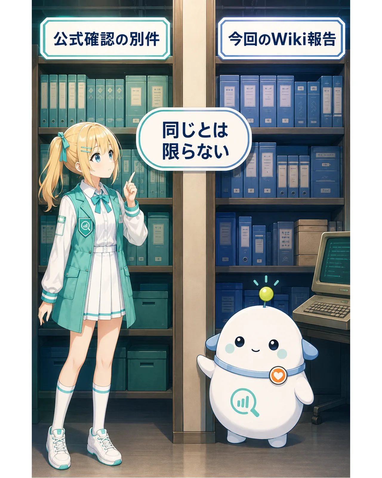 公式確認された別件と今回のWiki報告を別々の棚に分け、同じとは限らないと示す図
