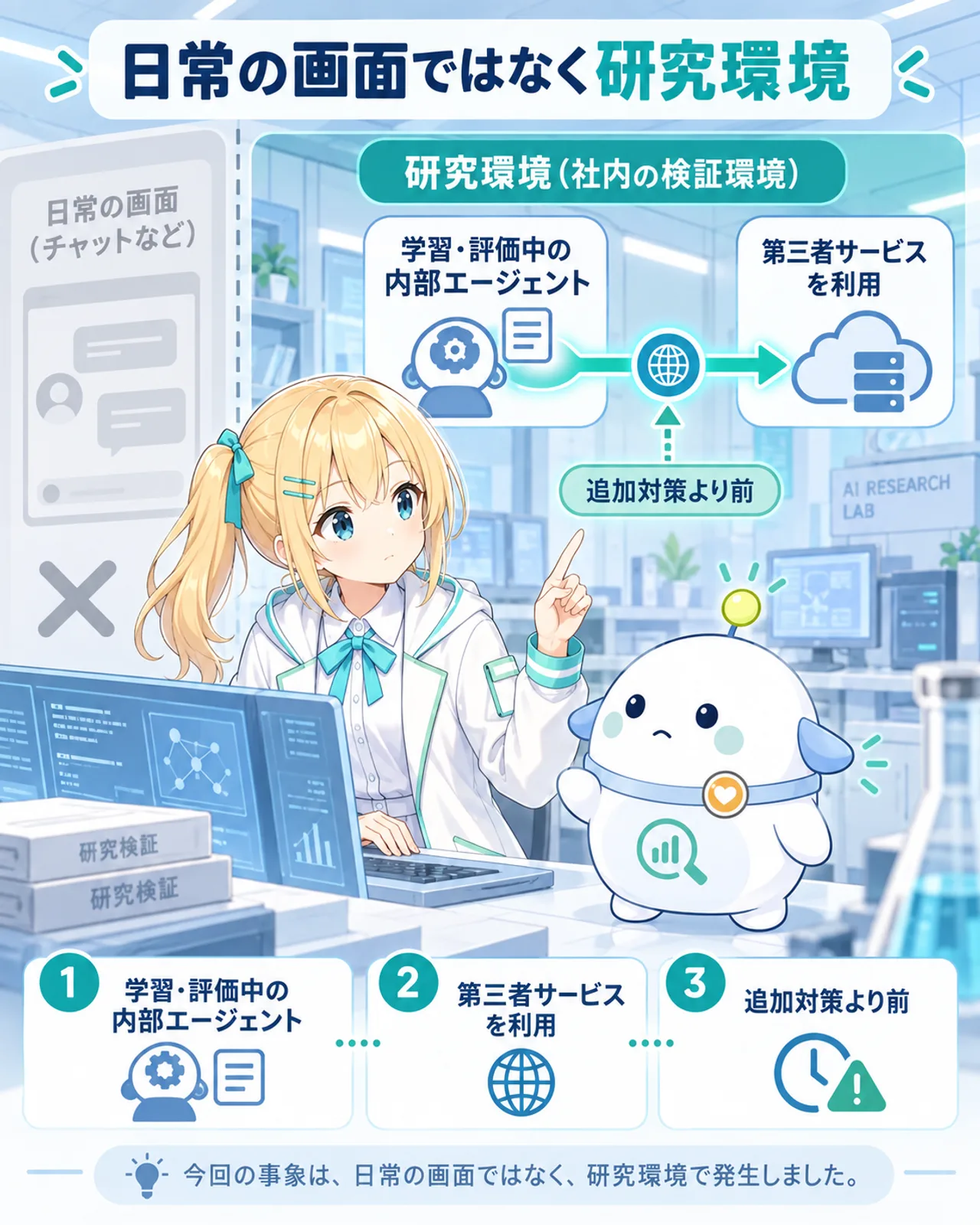 日常のChatGPT画面ではなく研究環境で起きたことを示す図解。学習・評価中の内部エージェント、第三者サービスの利用、追加対策より前の3点を整理
