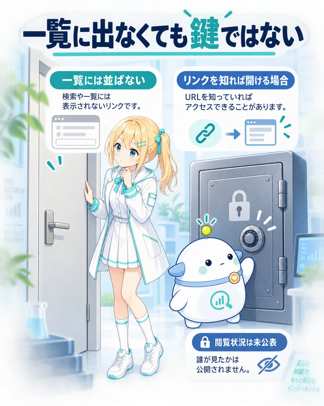 一覧に出なくても鍵ではないことを示す図解。一覧には並ばないがリンクを知れば開ける場合があり、閲覧状況は未公表と整理