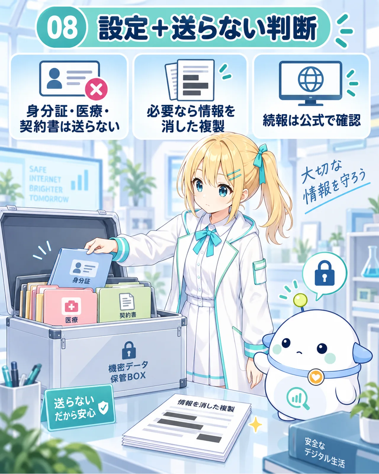 設定と送らない判断を示す図解。身分証・医療・契約書は送らない、必要なら情報を消した複製を使う、続報は公式で確認の3点