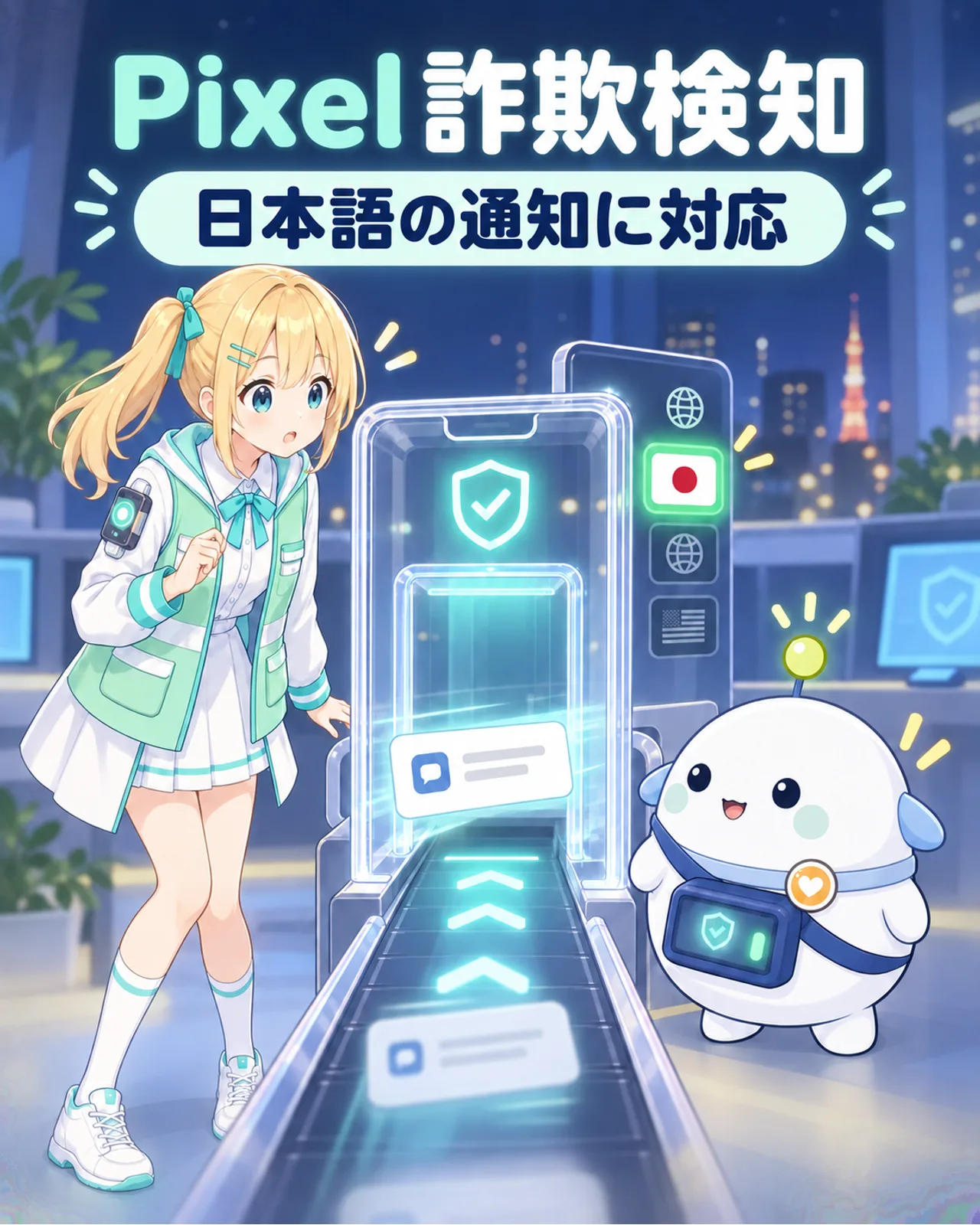 Pixelの詐欺検知が日本語のチャット通知へ対応したことを示す図解