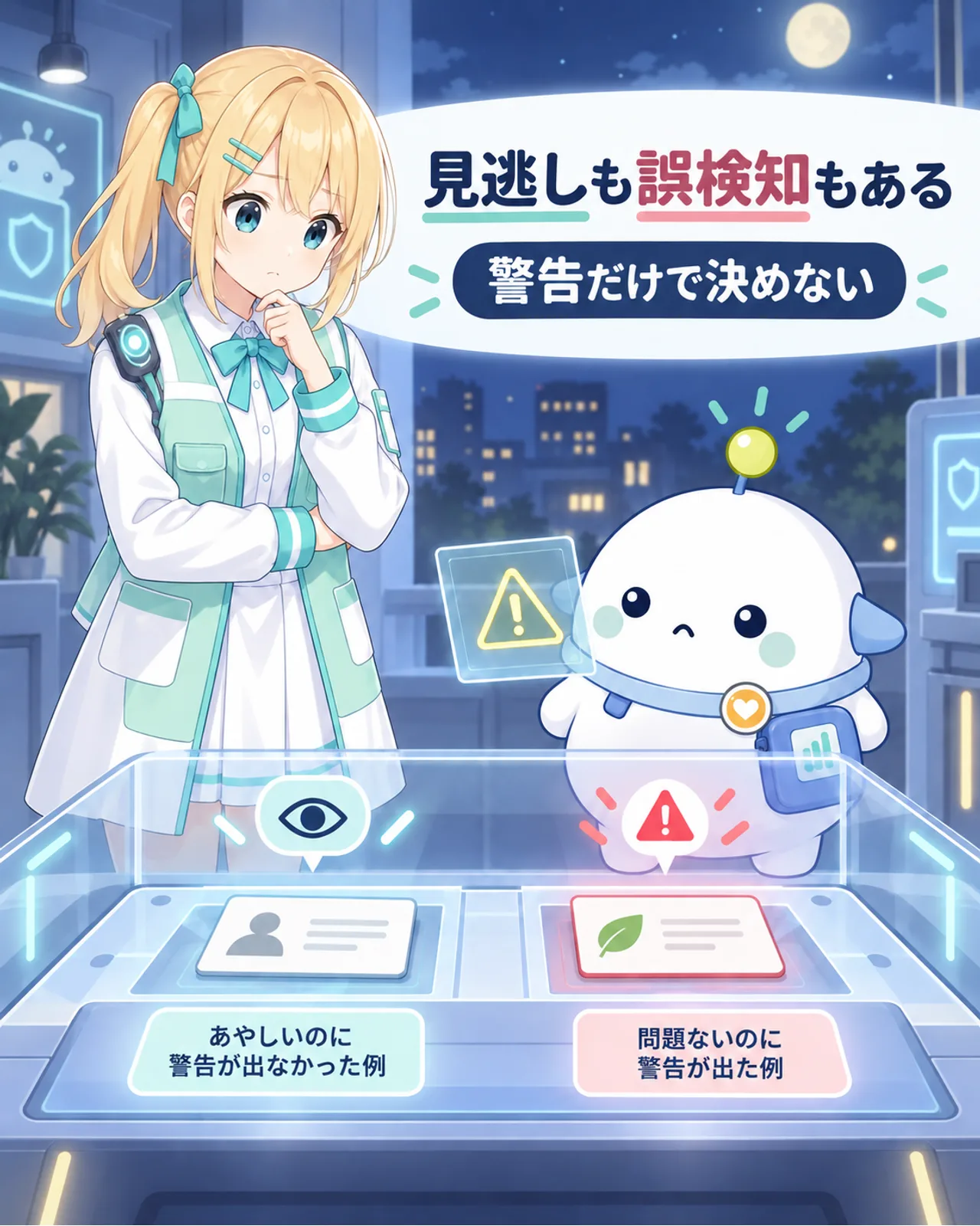 詐欺検知には見逃しと誤検知があり、警告だけで判断しないことを示す図解