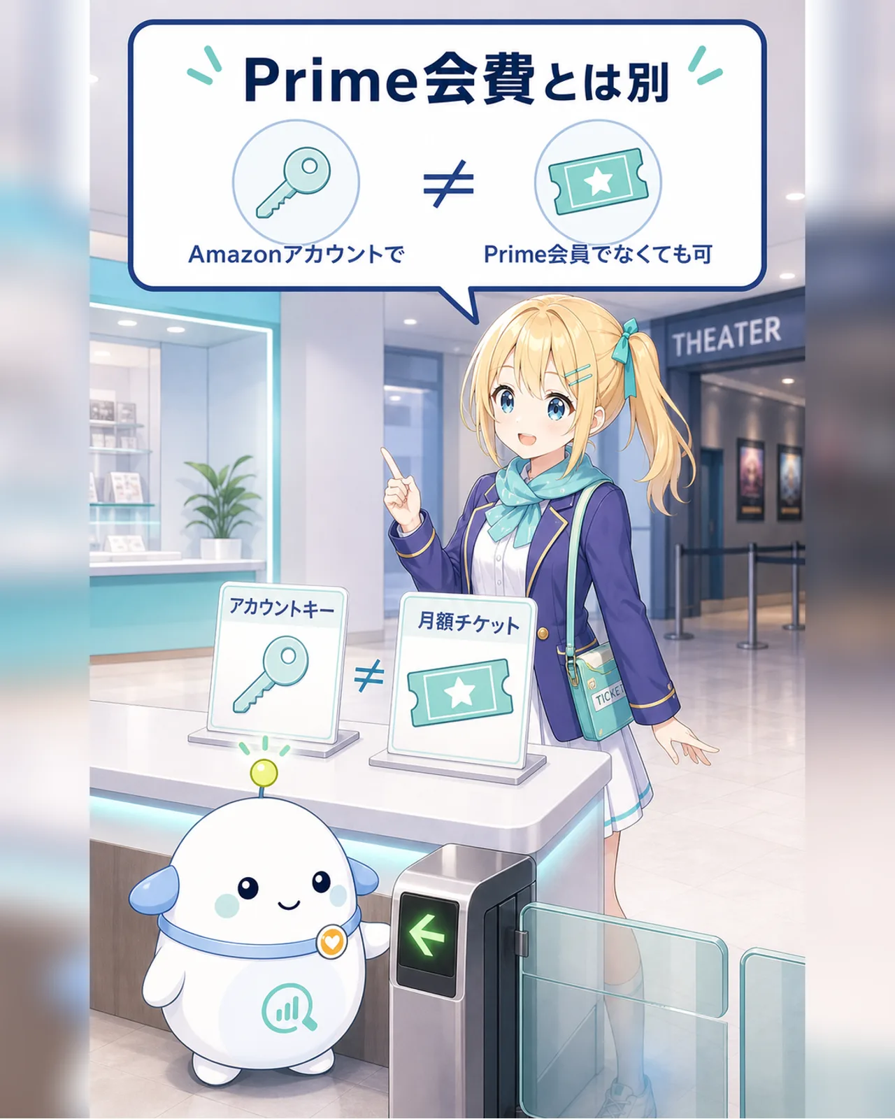 『Prime会費とは別』『Amazonアカウントで』『Prime会員でなくても可』と表示した図解