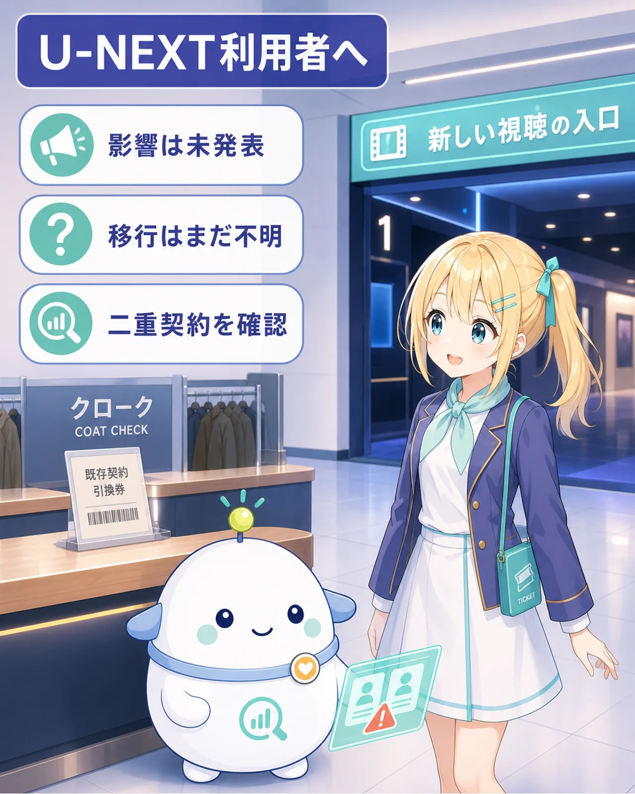 『U-NEXT利用者へ』『影響は未発表』『移行はまだ不明』『二重契約を確認』と表示した図解