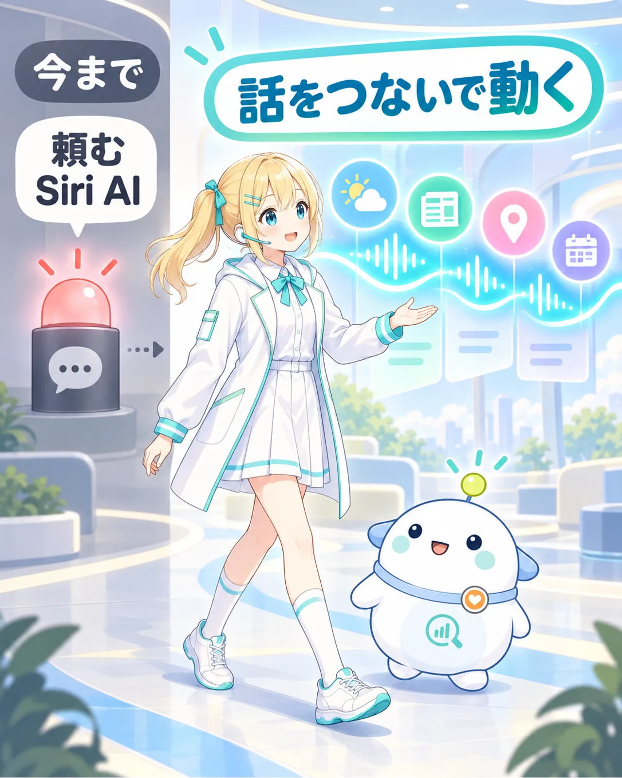今までのSiriは頼んだ操作を行い、Siri AIは会話と情報をつないで動く違いを示す図解