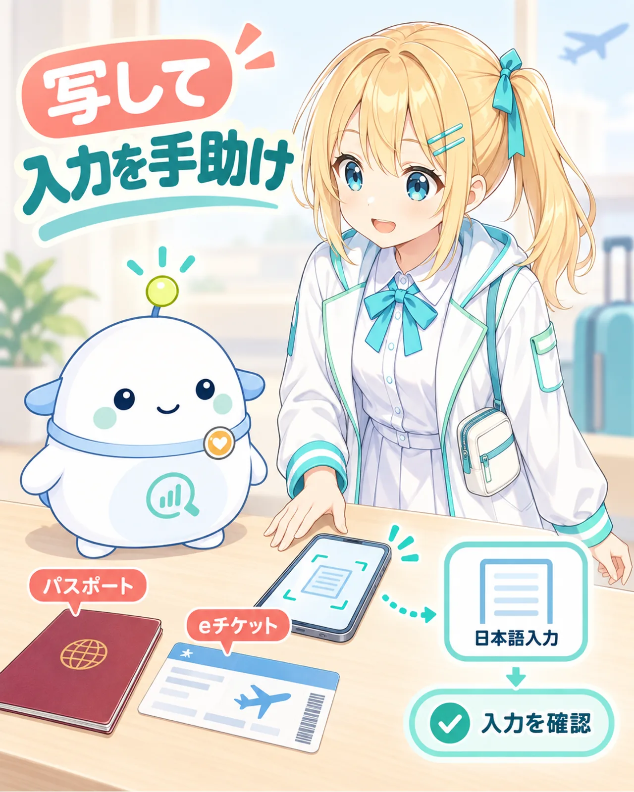 パスポートとeチケットを写して入力を助け、日本語で入力内容を確認する流れの図解。旅行準備机でひまりがスマホを確認し、らぼまるが見守る
