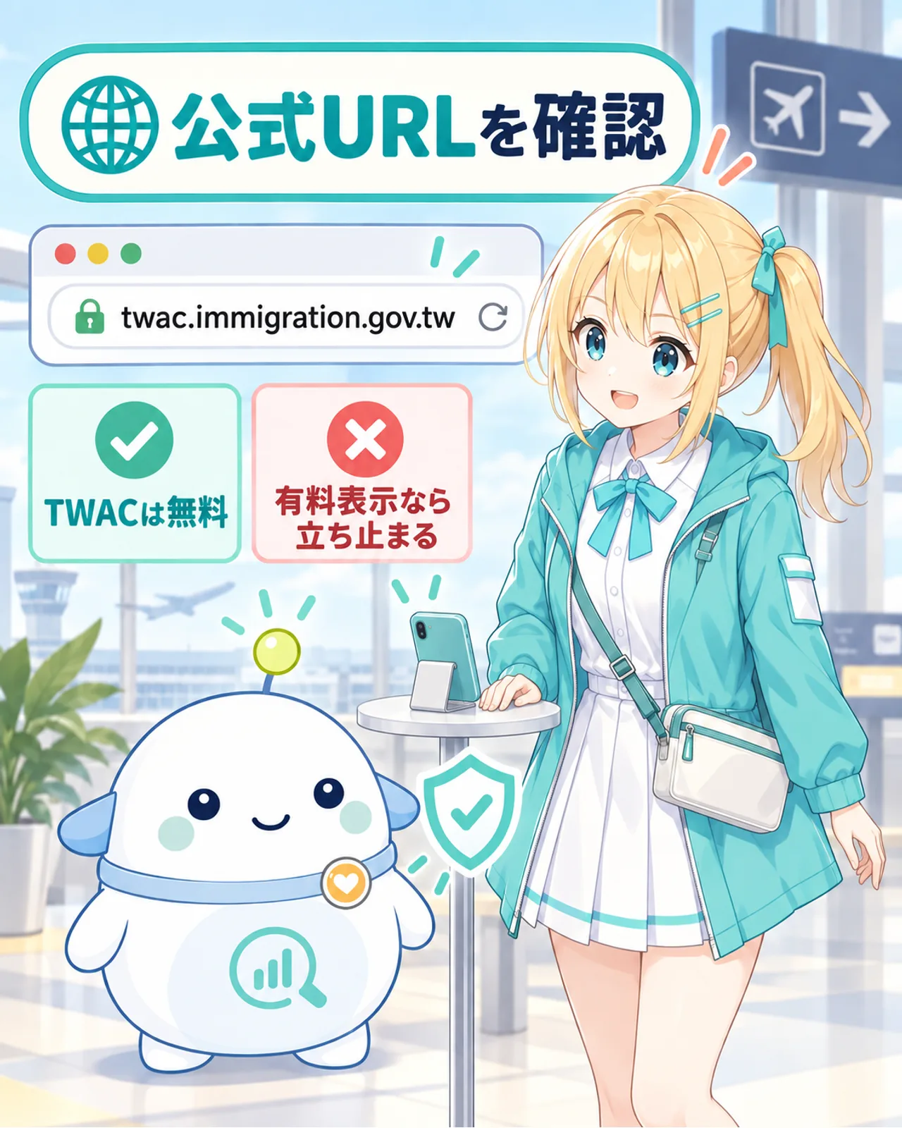 台湾移民署の公式URL twac.immigration.gov.tw を確認し、TWACは無料、有料表示なら立ち止まると案内する図解。ひまりとらぼまるが慎重に画面を見る