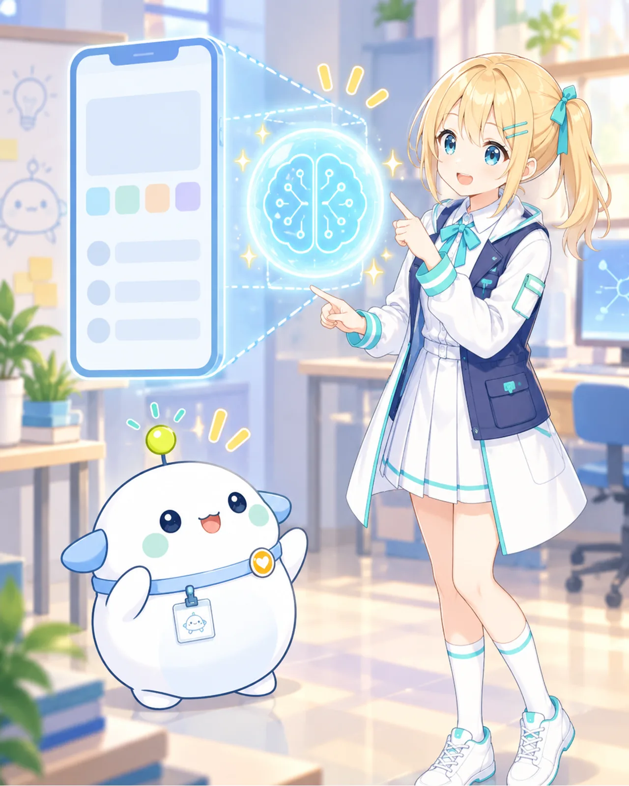 アプリの画面枠と、その中で返答を作るAIのコアをひまりとらぼまるが見比べる図