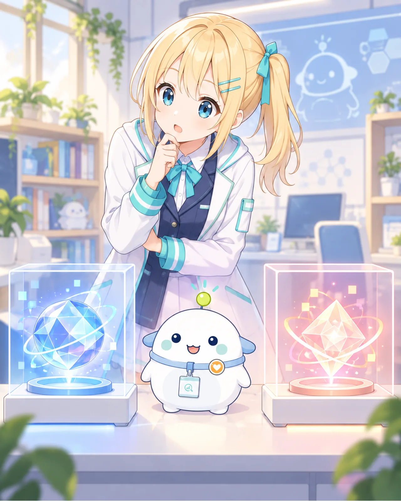 二つの透明なケースに入った異なるAIコアをひまりとらぼまるが見比べる図