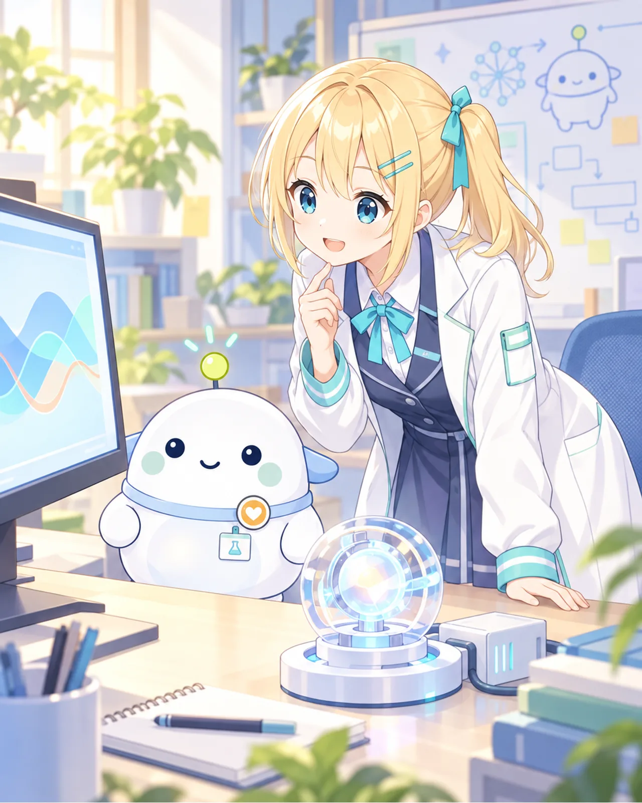 研究机でAIコアの動作を確かめるひまりとらぼまるの図