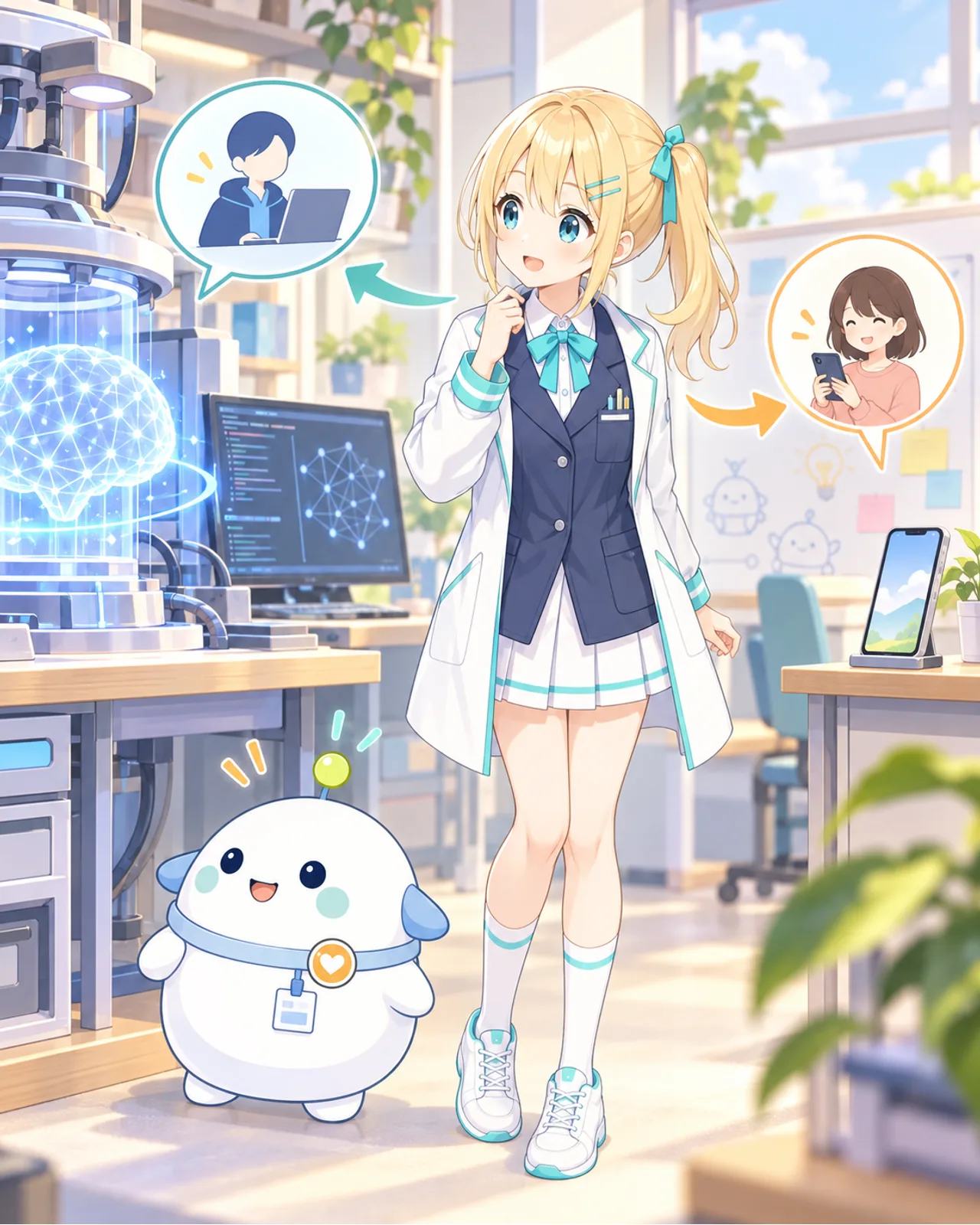 研究机のAIコアと従来どおりのスマホを離して配置し、ひまりとらぼまるが眺める図