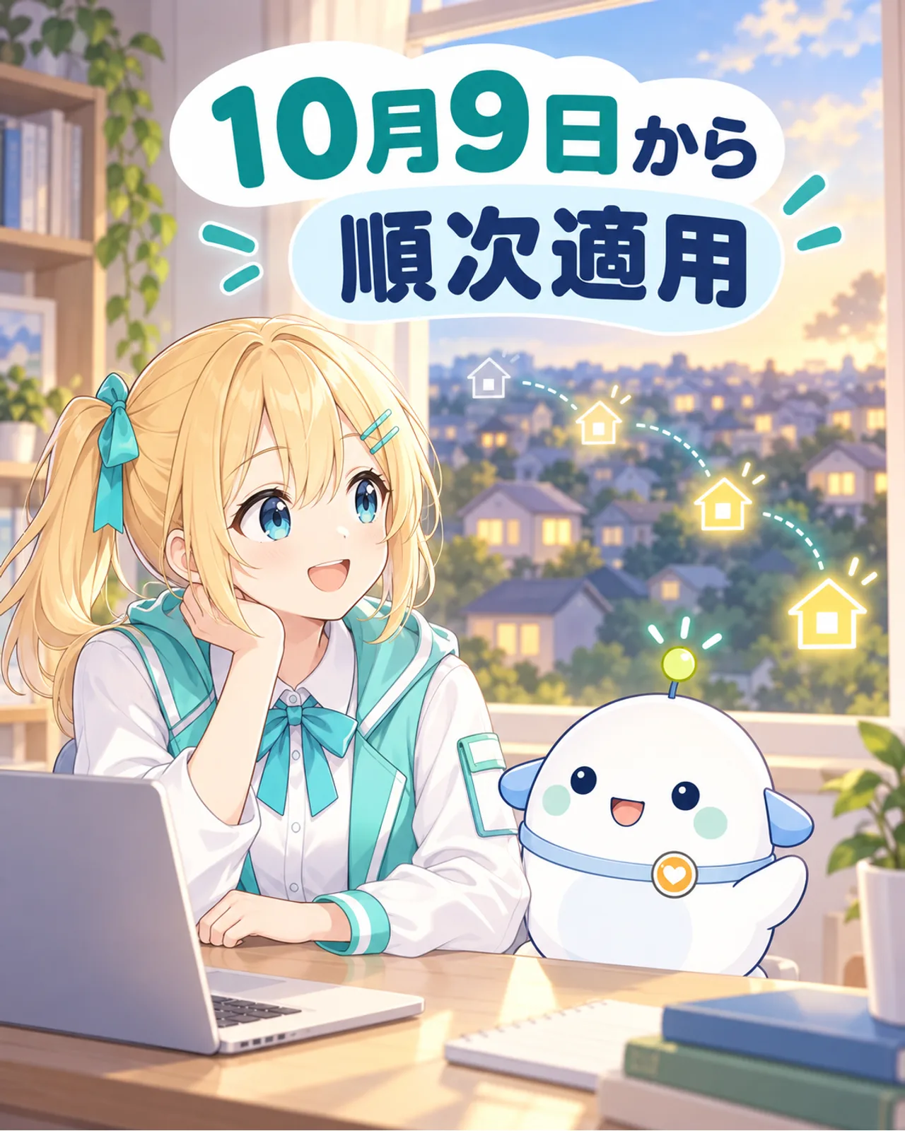 10月9日から順次適用することを街の灯りで示す図