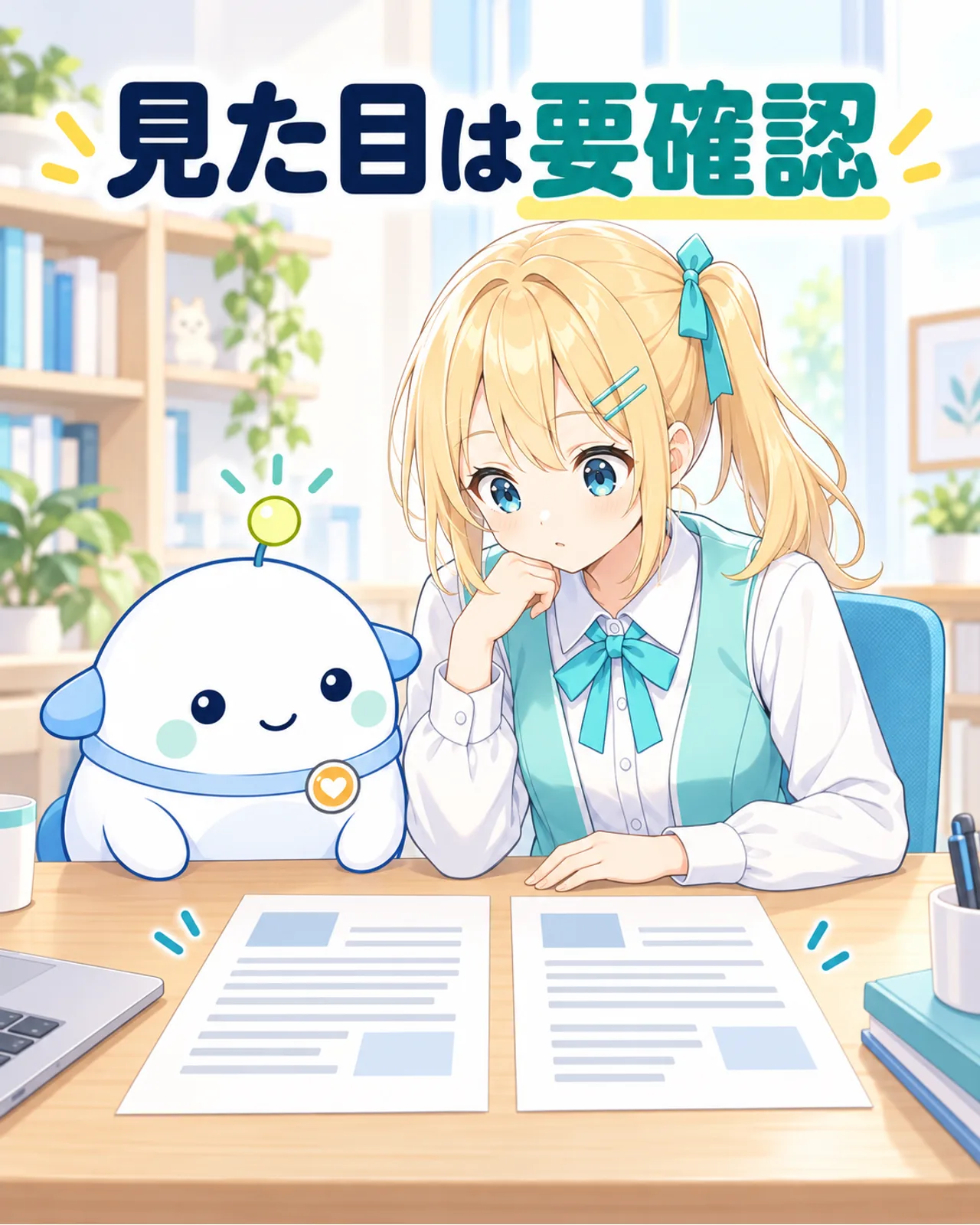 2枚の文書を見比べて表示を確認するひまりとらぼまる