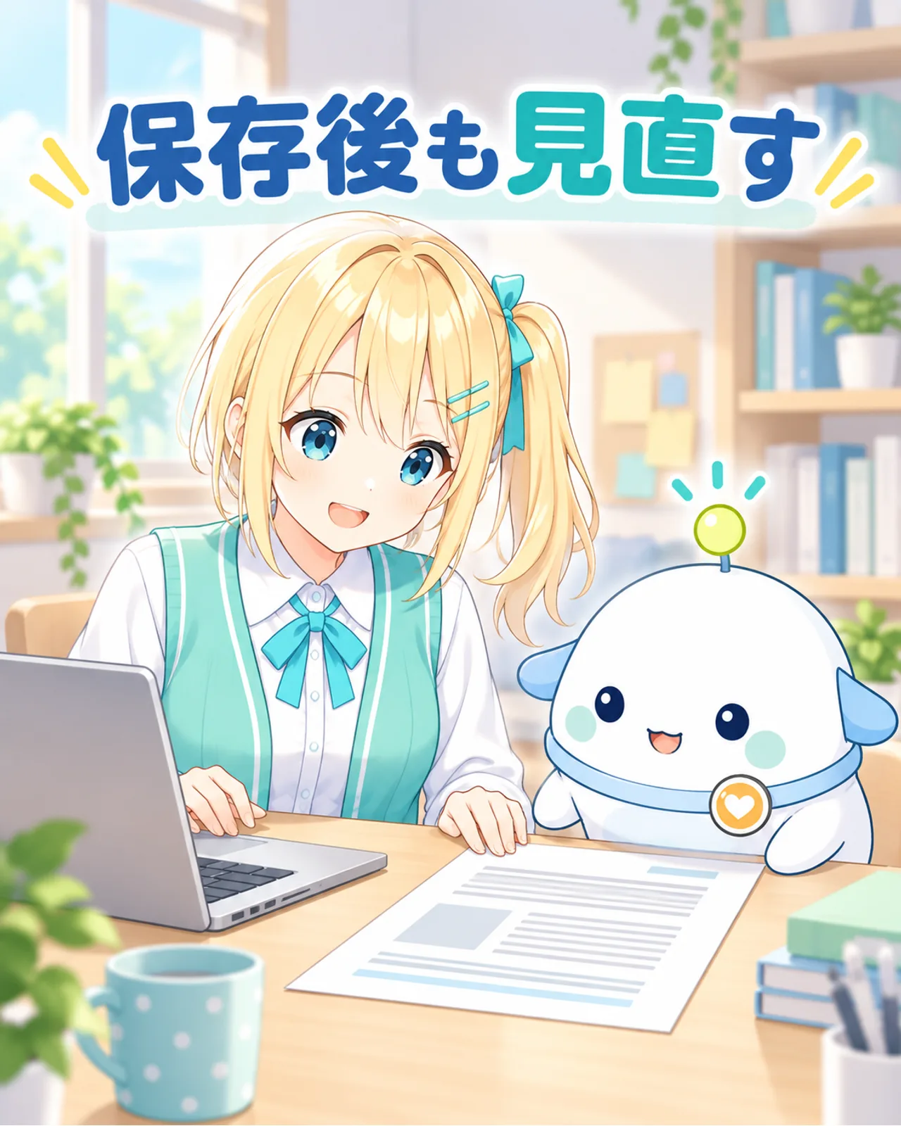 保存した文書と手元の紙を比べるひまりとらぼまる
