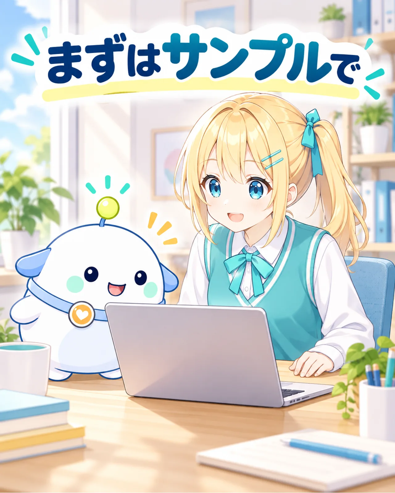 サンプル文書をノートPCで開いて使い勝手を確かめるひまりとらぼまる