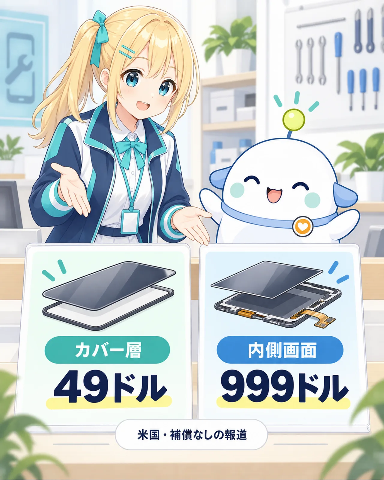 米国の補償なし修理見積もりとしてカバー層49ドルと内側画面999ドルを分けて示す図
