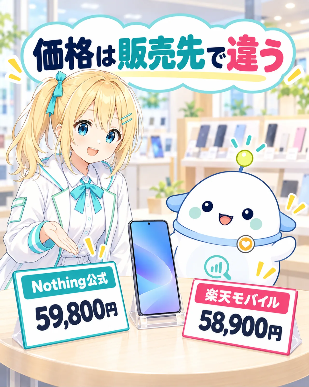 Nothing公式59,800円と楽天モバイル58,900円の販売先別価格を見比べる図