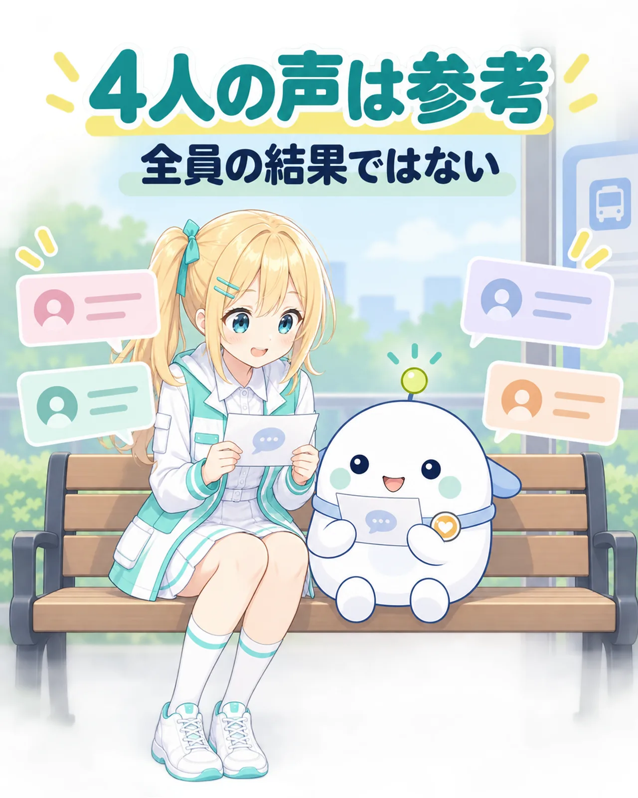 4人の声は参考になるが、全利用者の結果ではないことを示す吹き出しカードの図