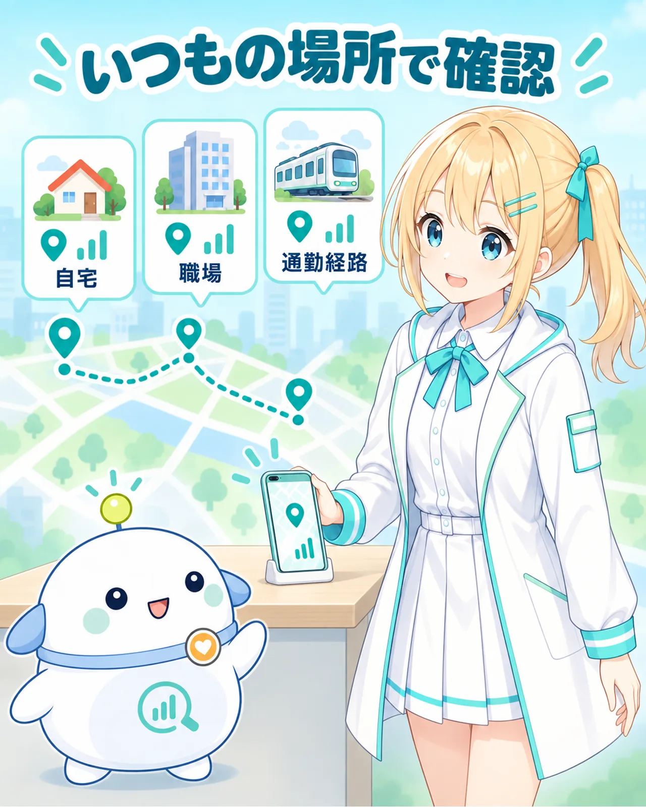 自宅・職場・通勤経路の三つの生活場所を、スマホと公式エリア図で確認する図
