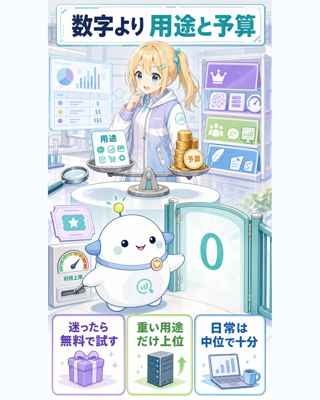 AIモデルは数字より用途と予算で選び、迷ったら無料枠で試すという結論を示す図解