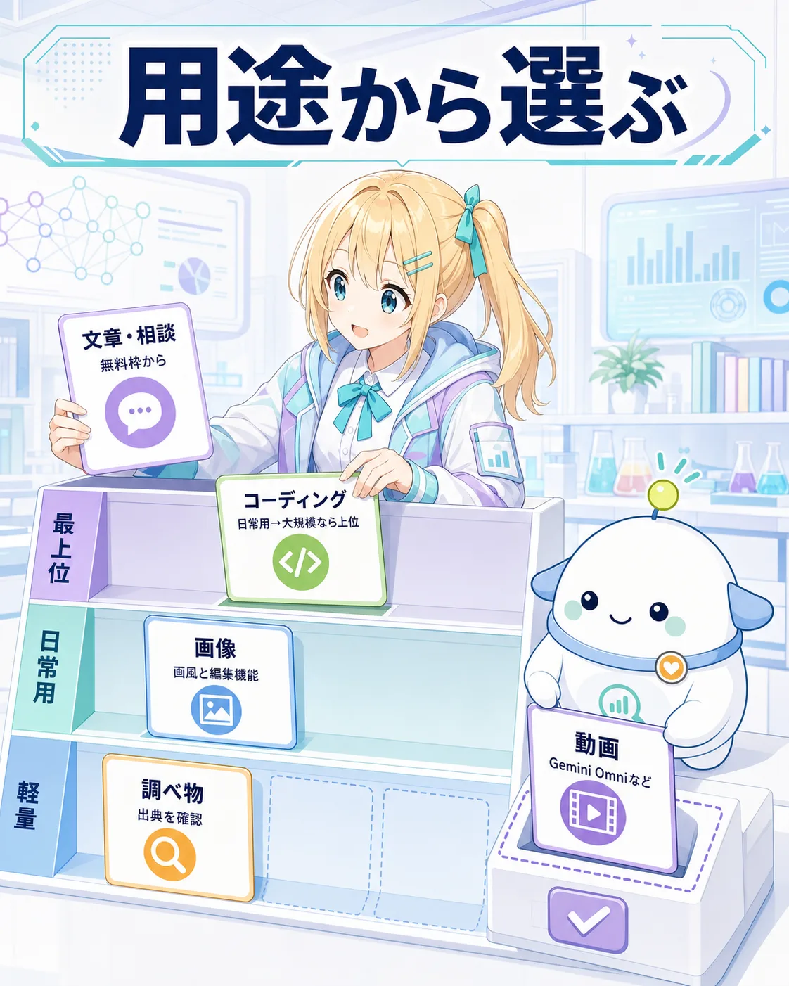 文章、コード、画像、動画、調べ物の用途別にAIの選び方を示す図解
