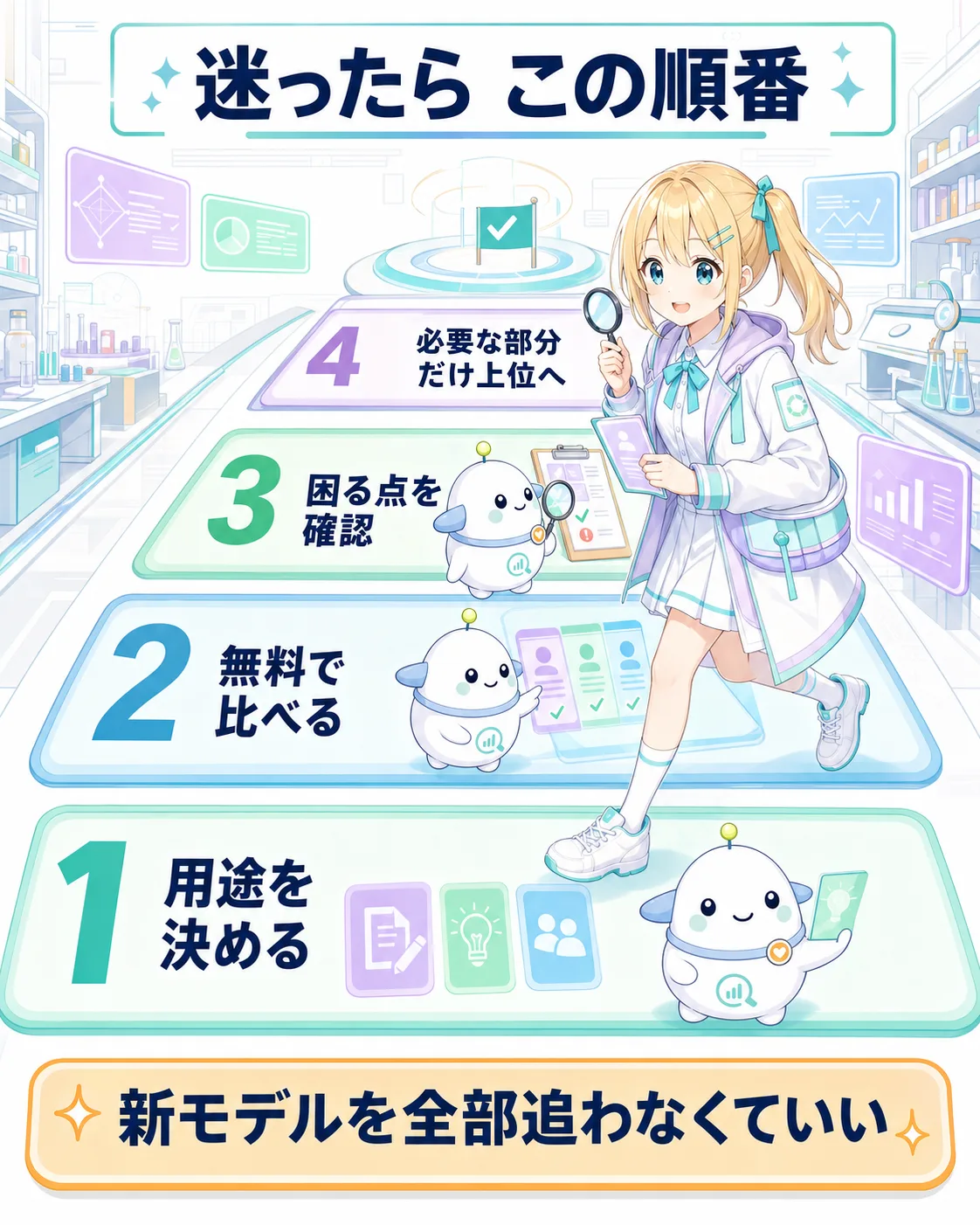 用途を決め、無料で試し、必要な部分だけ上位へ上げる選択手順の図解