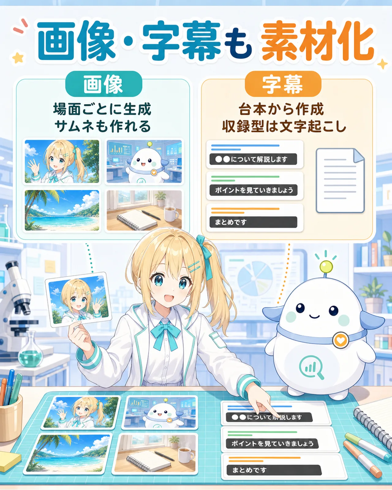 場面ごとの生成画像と台本から作る字幕を別素材として用意し、サムネイルにも展開する方法を示した図解