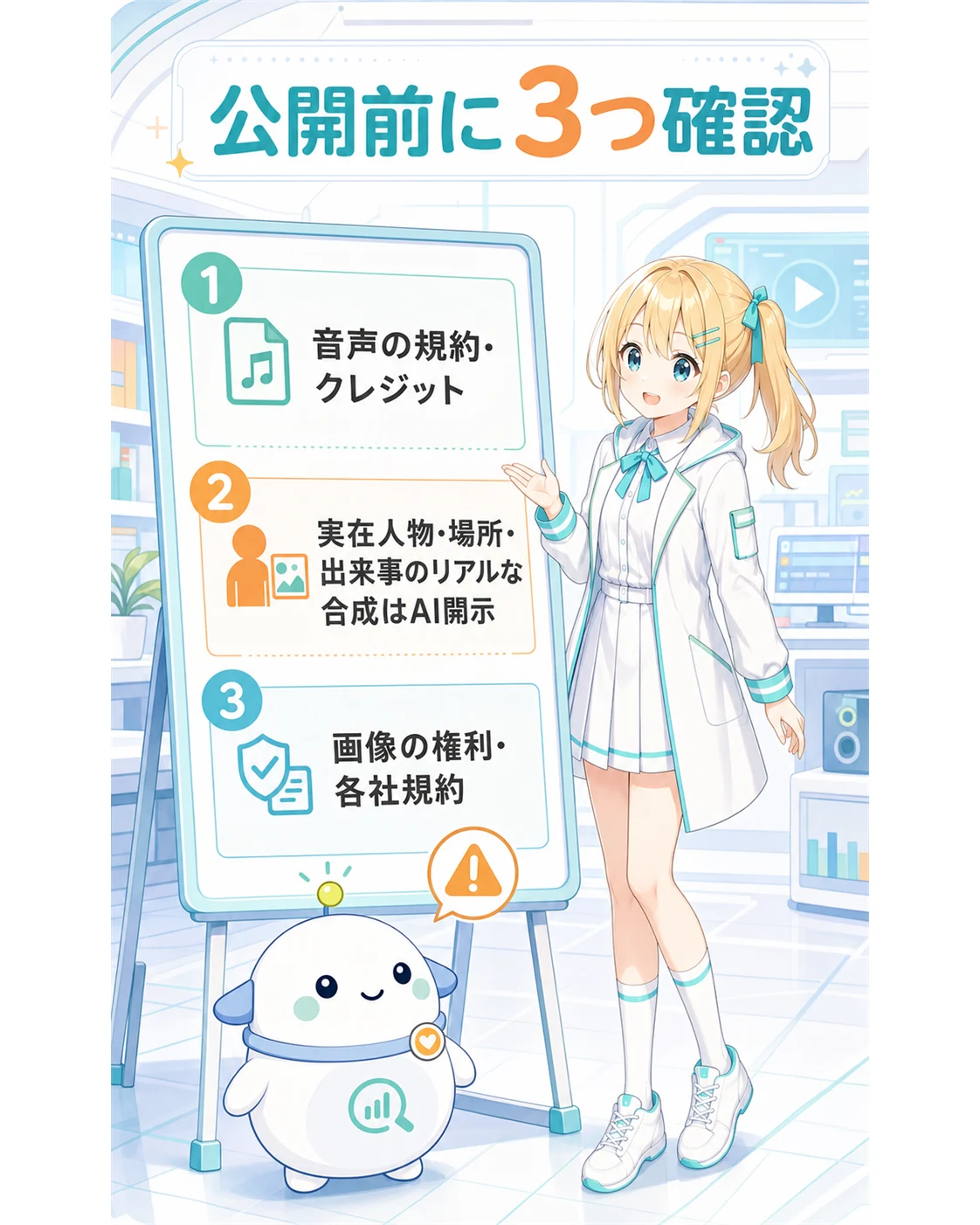 音声の規約とクレジット、YouTubeのAI開示、生成画像と入力素材の権利の3項目を確認する図解