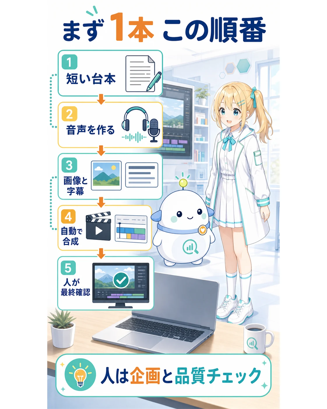 短い台本、音声、画像と字幕、自動合成、人の最終確認というAI解説動画の始め方を順番に示したチェックリスト図解