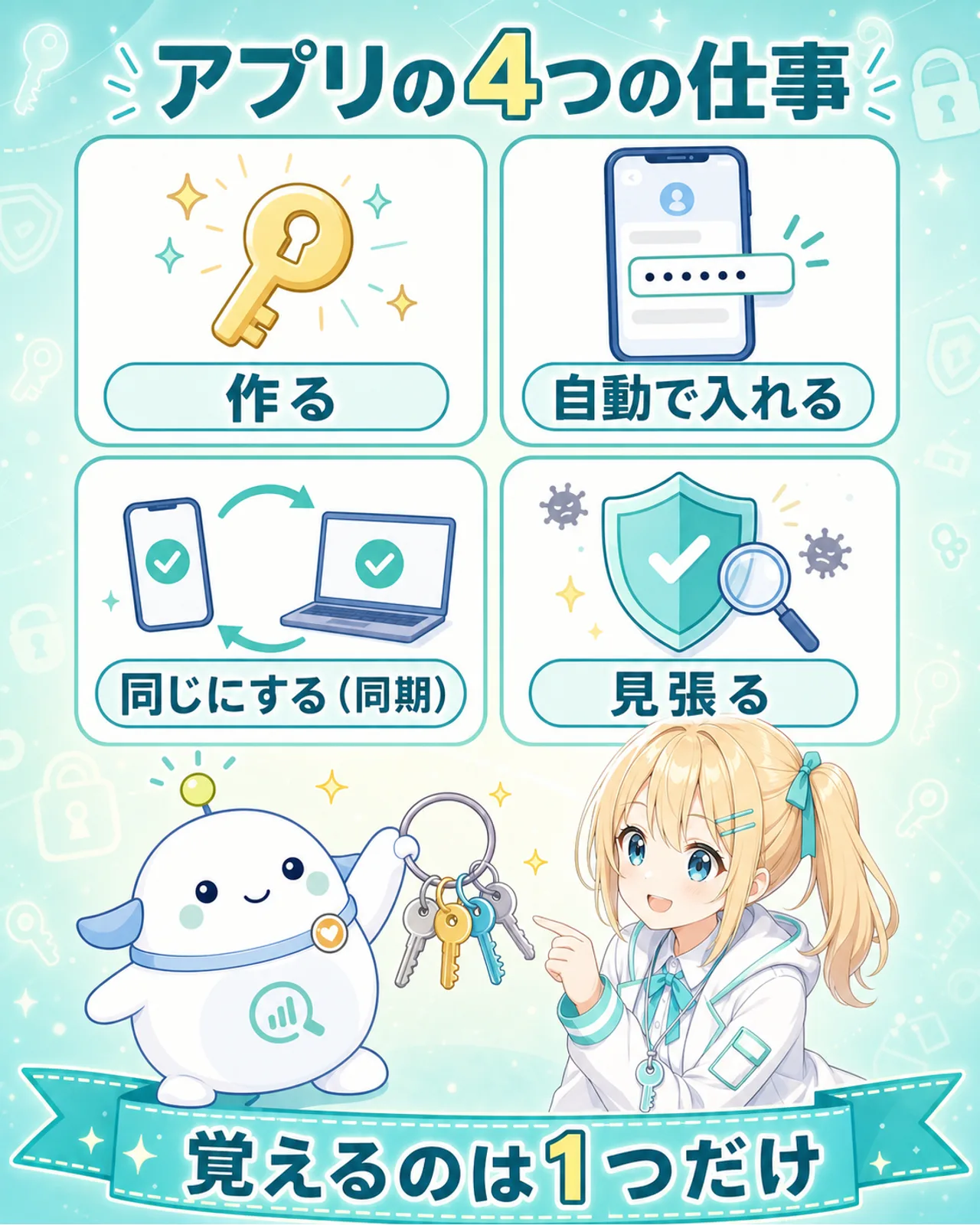 パスワード管理アプリの4つの仕事を示す図解。作る（強いパスワードの生成）、自動で入れる（自動入力）、同じにする（全端末で同期）、見張る（漏えい監視）の4カード