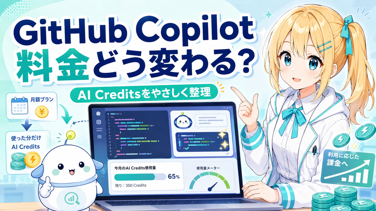 GitHub CopilotのAI Credits方式とトークン課金について、ひまりとらぼまるがコード画面を見ながらやさしく整理しているイメージ