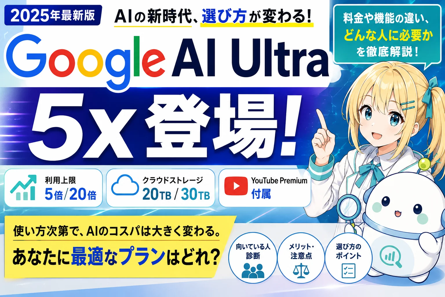 Google AI Ultra 5x 登場！料金や機能の違い・どんな人に必要かをひまり・らぼまるが徹底解説するサムネイル