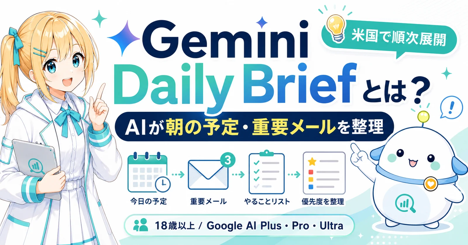Gemini Daily Brief とは？ AI が朝の予定・重要メール・やることリスト・優先度を整理する米国先行機能をひまり・らぼまるが解説するサムネイル