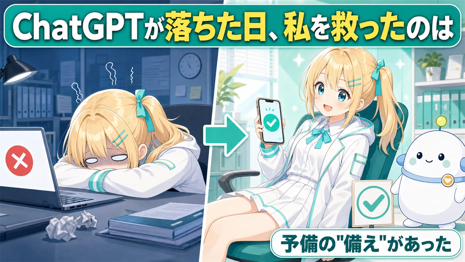 ChatGPTが落ちた日をテーマにしたビフォーアフター2分割のサムネイル。左側でひまりがノートPCに突っ伏して絶望し、右側で椅子にもたれてスマホを持ちながら安堵する。上部に「ChatGPTが落ちた日、私を救ったのは」の文字、右下に「予備の備えがあった」の文字