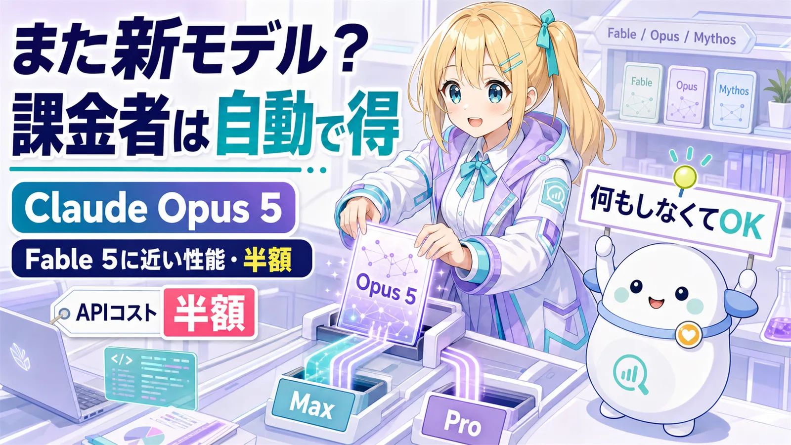 Claude Opus 5のカードがMaxとProへ自動で届く様子を、明るい笑顔のひまりとらぼまるが示すサムネイル。『また新モデル？』『課金者は自動で得』の文字入り