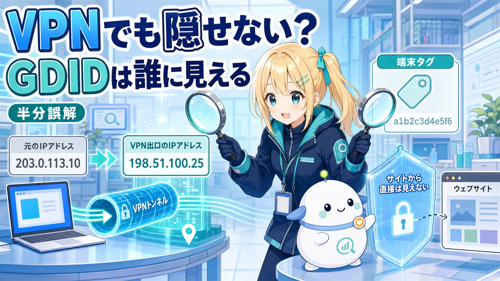 「VPNでも隠せない？ 半分誤解」のサムネイル。プライバシー調査員のひまりがVPNトンネルとWindows端末の識別タグを照合し、らぼまるが訪問先サイト・Microsoft・捜査機関の3層を仕分ける