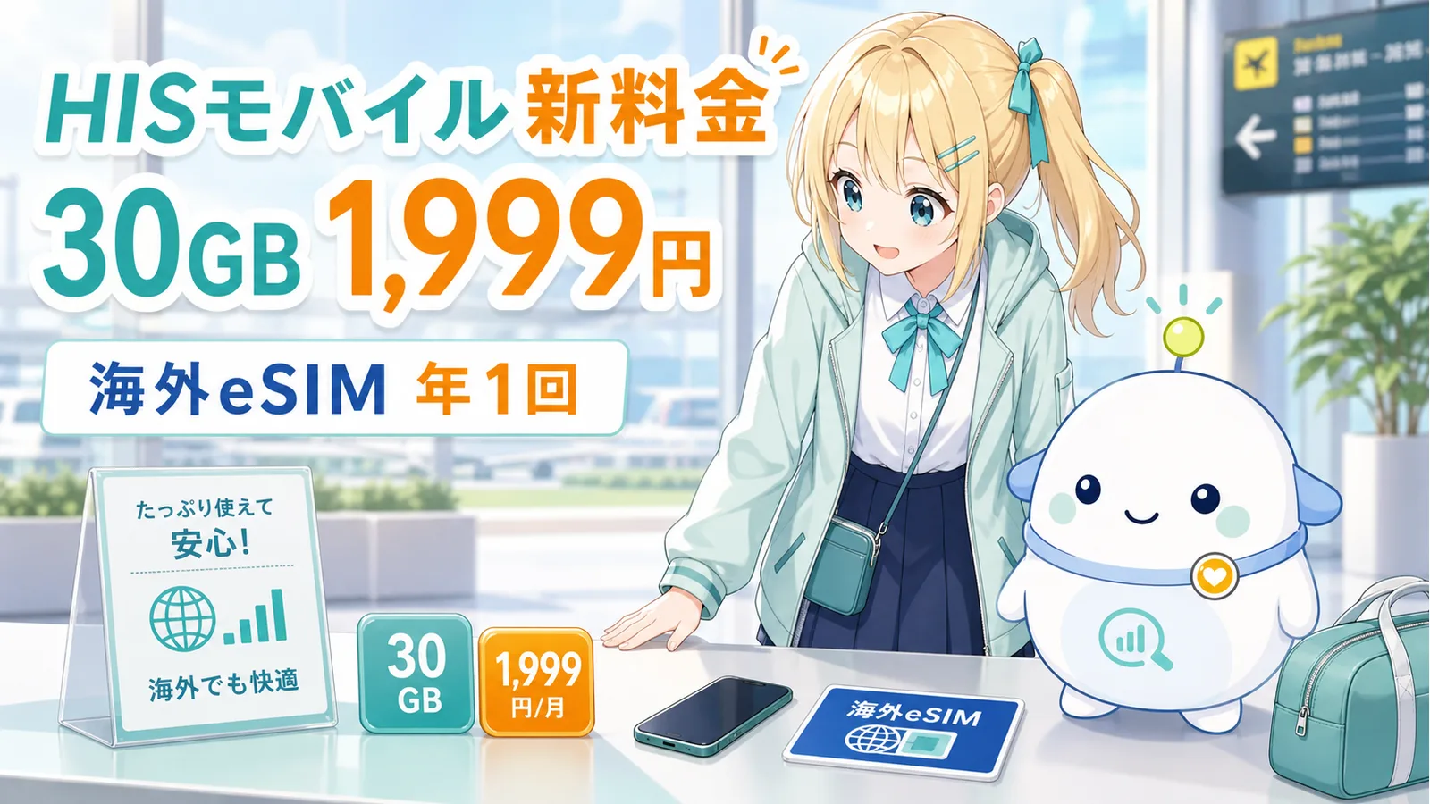 出発ロビー風の通信準備カウンターで、ひまりとらぼまるが容量札と海外通信チケットを確認するサムネイル。『HISモバイル 新料金』『30GB 1,999円』『海外eSIM 年1回』と表示