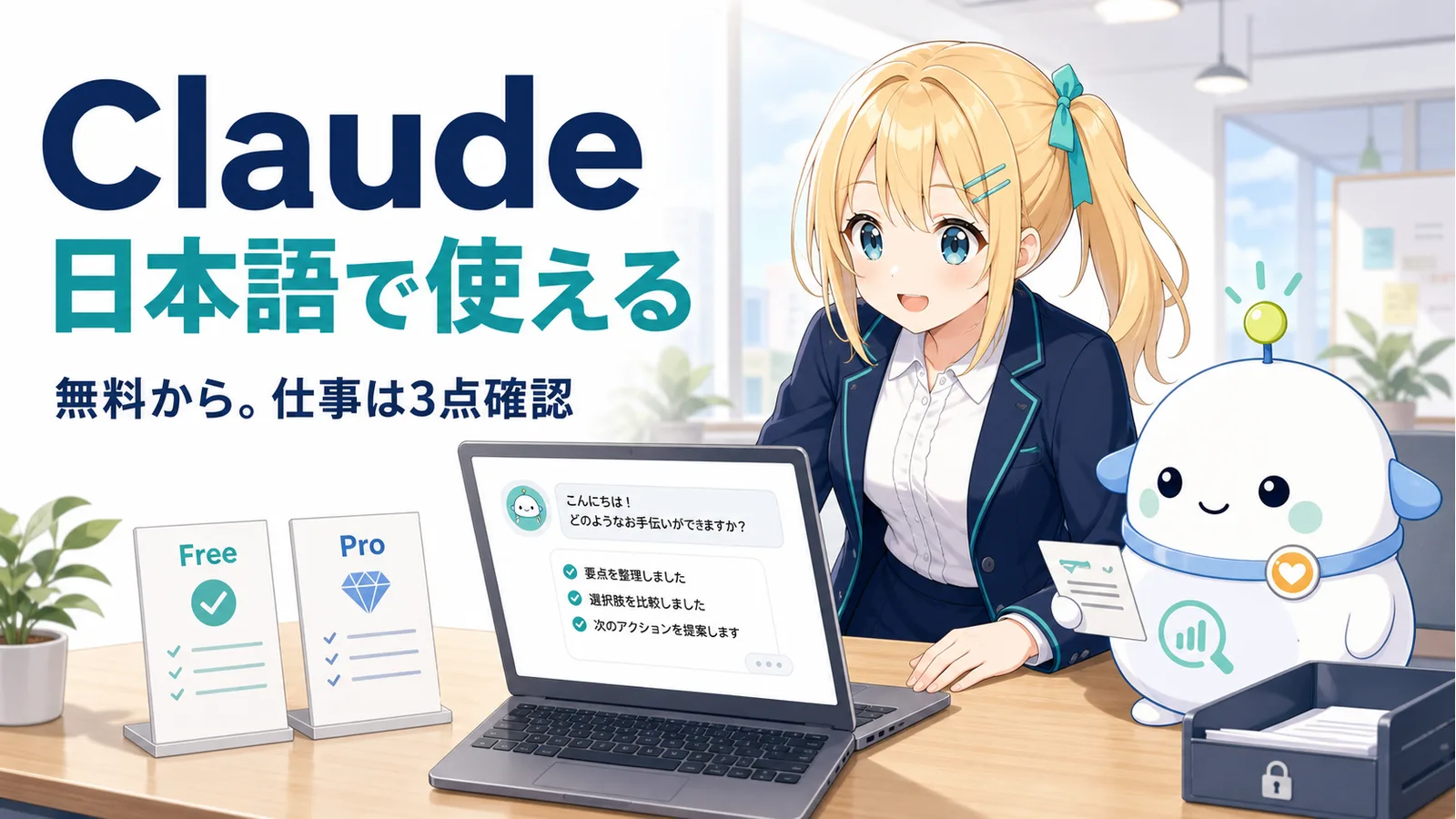 Claudeを日本語で使う場面。ひまりがノートPCの日本語会話画面を確認し、らぼまるがFreeとProの比較カードを示すイラスト