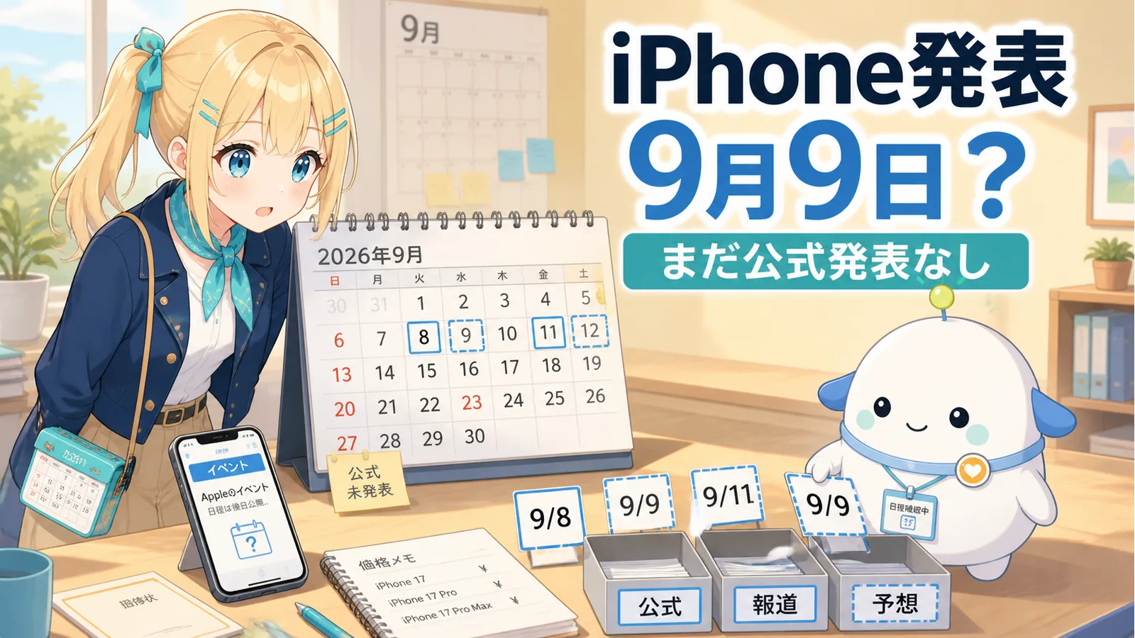 2026年9月のカレンダーを確認するひまりと、9月9日の候補カードを予想トレーへ整理するらぼまる。iPhone発表9月9日？、まだ公式発表なし、と表示したイラスト