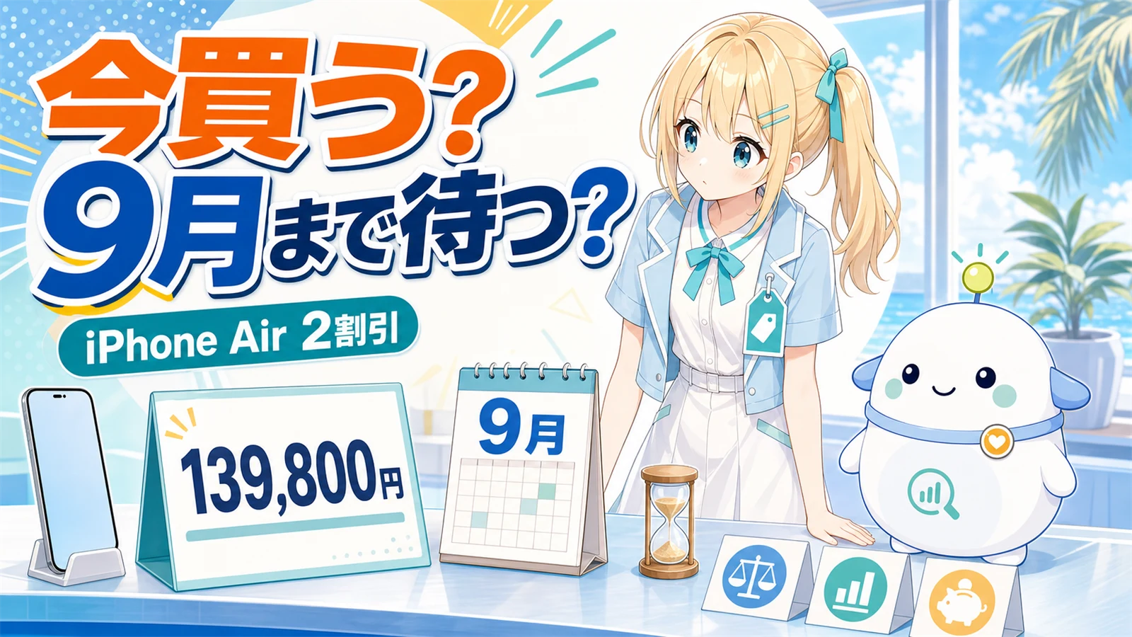 iPhone Airのセール価格と9月のカレンダーを、ひまりとらぼまるが比較しているイラスト