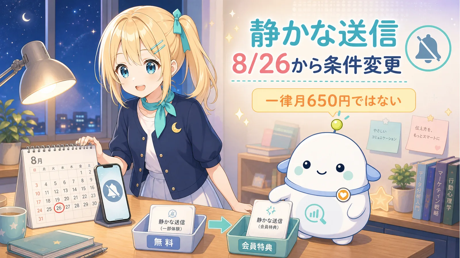 夜の編集デスクで8月26日のカレンダーを確認するひまりと、ミュートメッセージのカードを無料枠から会員特典へ移すらぼまる。一律月650円ではないと表示したイラスト