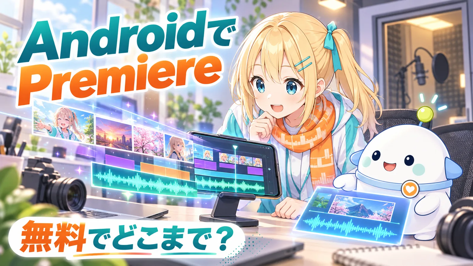 動画編集スタジオで、ひまりとらぼまるがAndroidスマホ上の複数レイヤーと音声波形を確認するイラスト