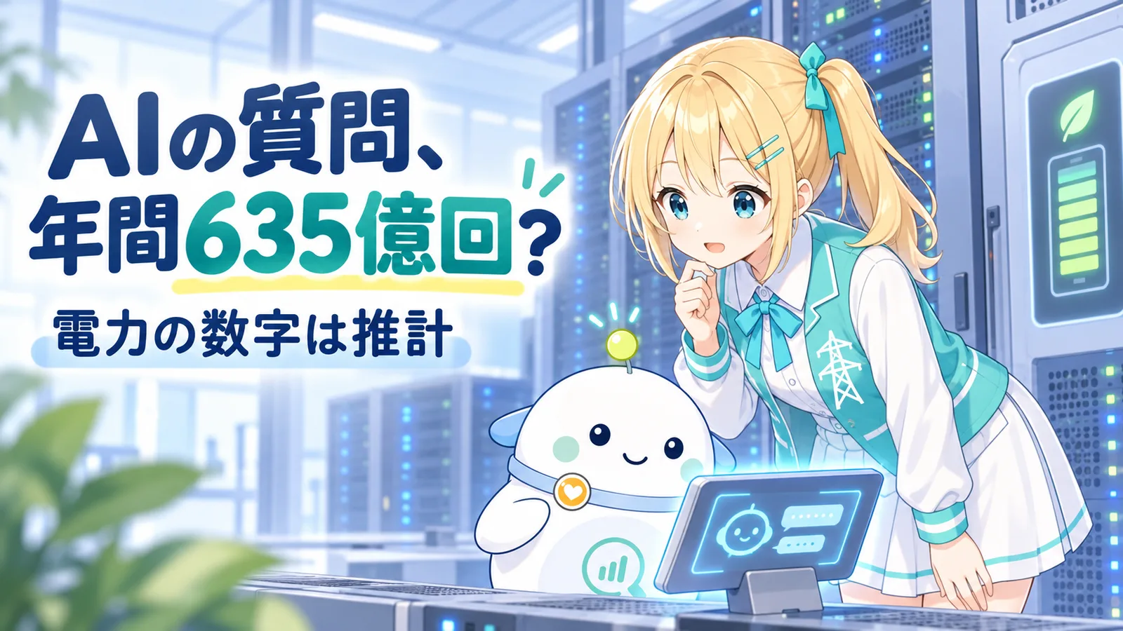AIの質問は年間635億回という推計を、ひまりとらぼまるがデータセンターで見つめる図